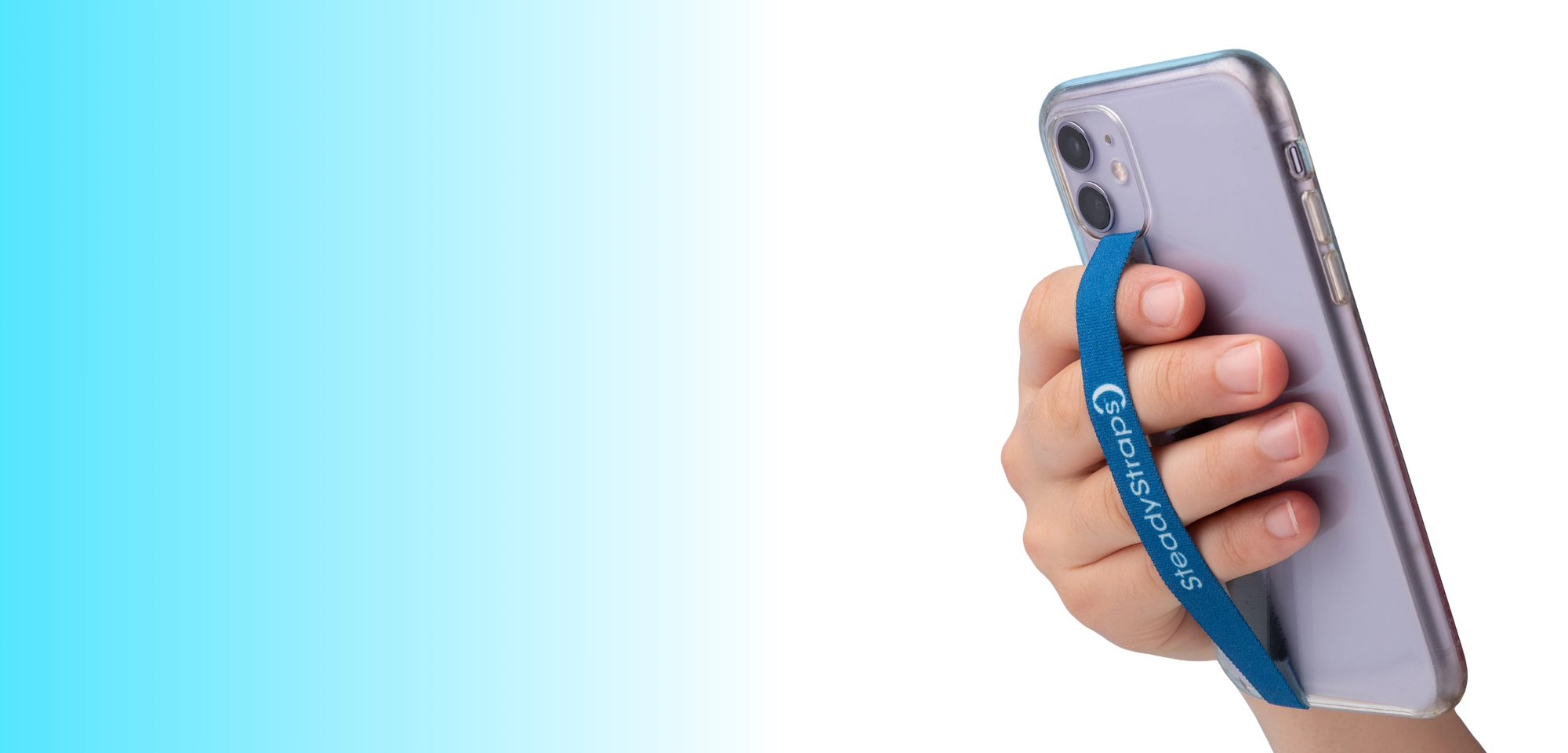 A hand holding a phone with a SteadyStraps strap across the back of the case